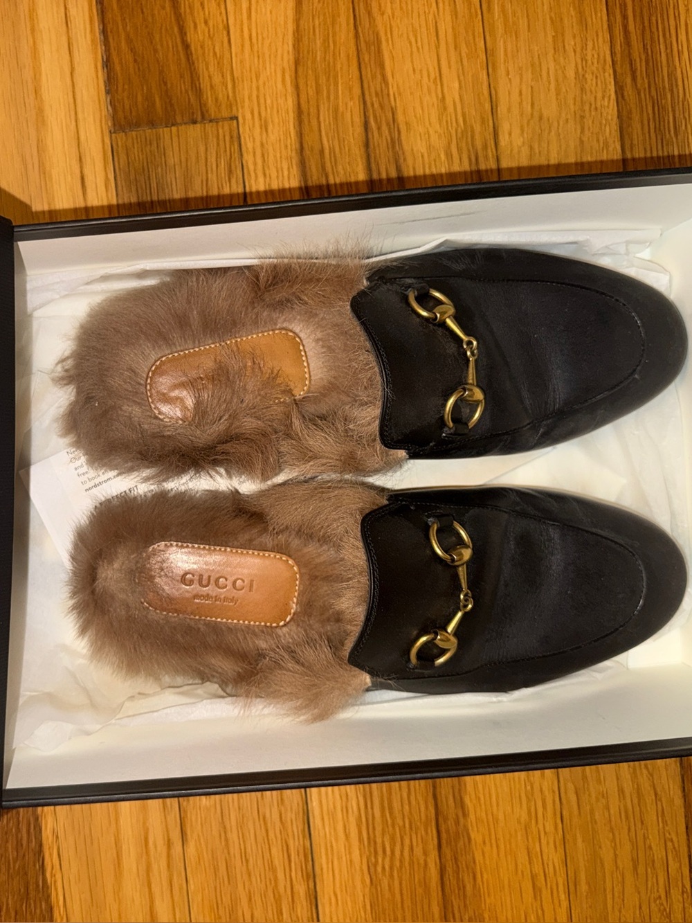 Gucci Black Leather Slippers with Brown Fur and Gold Horsebit